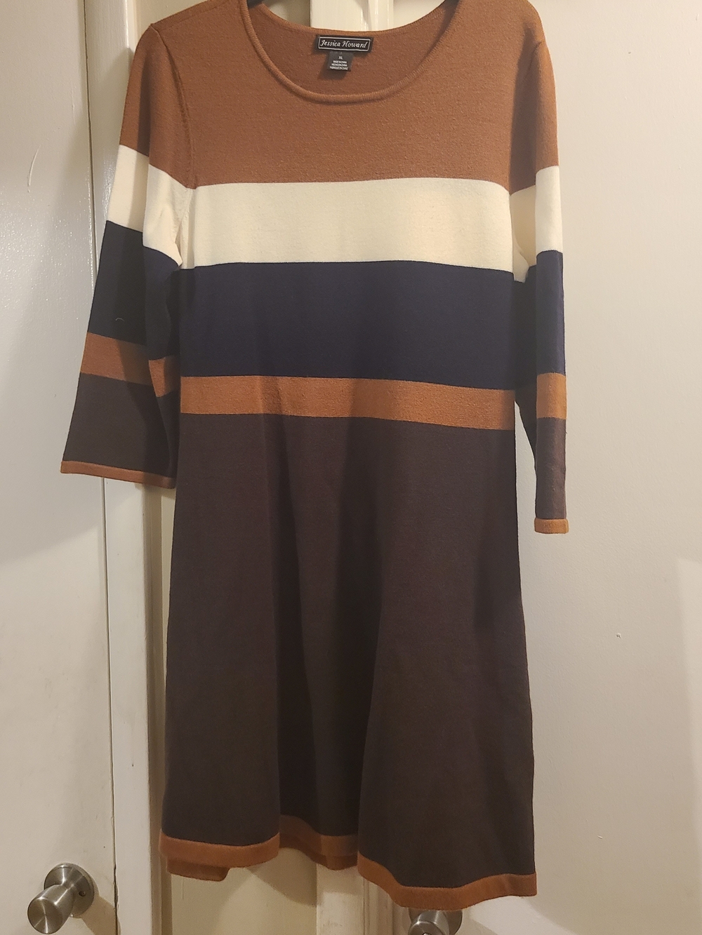 Dana Buchman Colorblock Knit Midi Dress in Brown, Navy & Cream